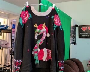 Holiday Flamingo Sweater with Reindeer Antlers